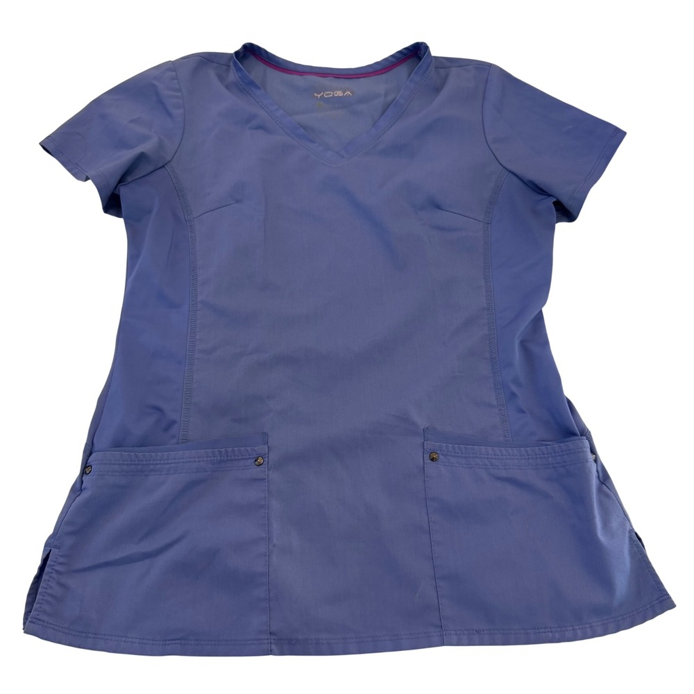 Healing Hands Purple Label Yoga Scrub Top Blue V-Neck Medical Medium 0794